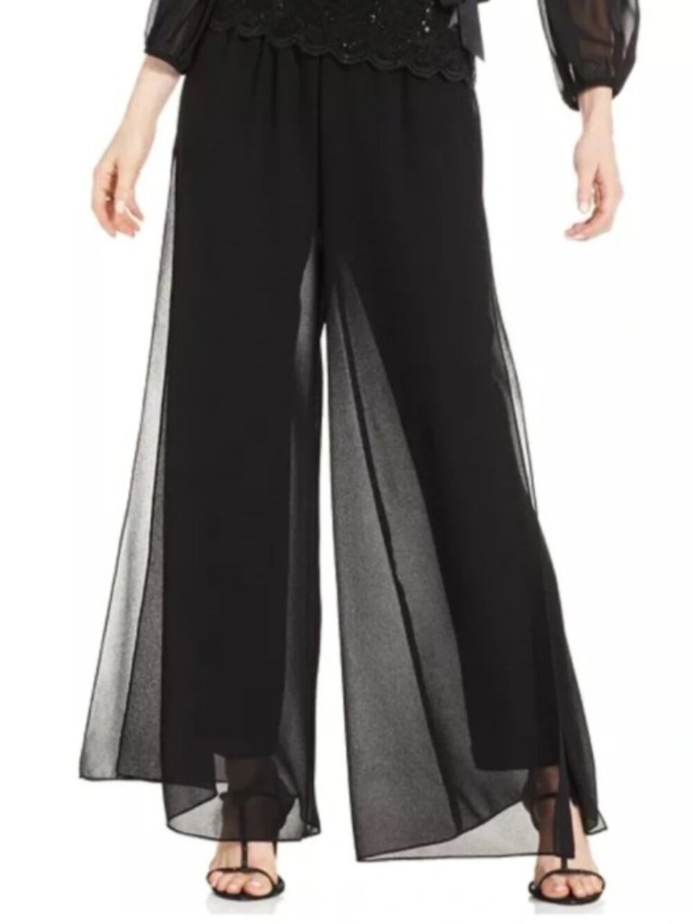 Alex Evenings Black Chiffon Sheer Wide-Leg Overlay Pull On Flowy Dressy Pants 3X